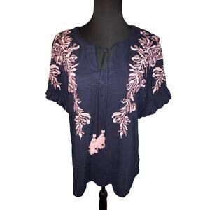 Christian Siriano  Size XL Floral Embroidered Boho Flutter Sleeve Navy/Pink New